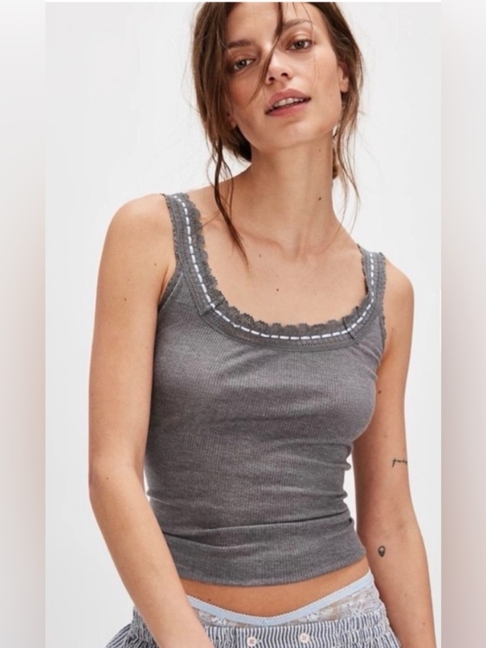 Free People Women's Gray Lace-Trim Tank Top
